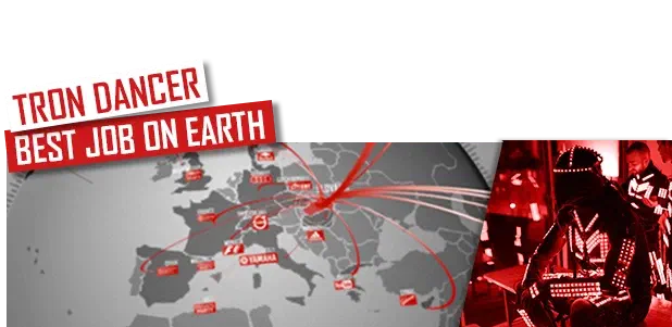 Tron dancer – best job on Earth – red labels above a grey map of Europe with red lines from Slovakia to client logos, next to a dancer in a red-lit LED suit