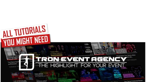 Všetky návody, ktoré môžete potrebovať – červené bannery nad logom Tron Event Agency, „The highlight for your event“, nad radmi náhľadov videí z nášho kanála YouTube