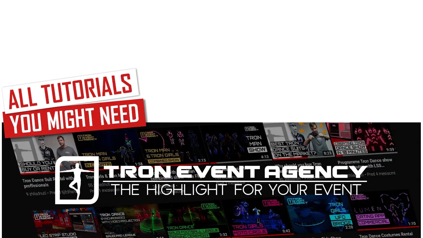 Všetky návody, ktoré môžete potrebovať – červené bannery nad logom Tron Event Agency, „The highlight for your event“, nad radmi náhľadov videí z nášho kanála YouTube
