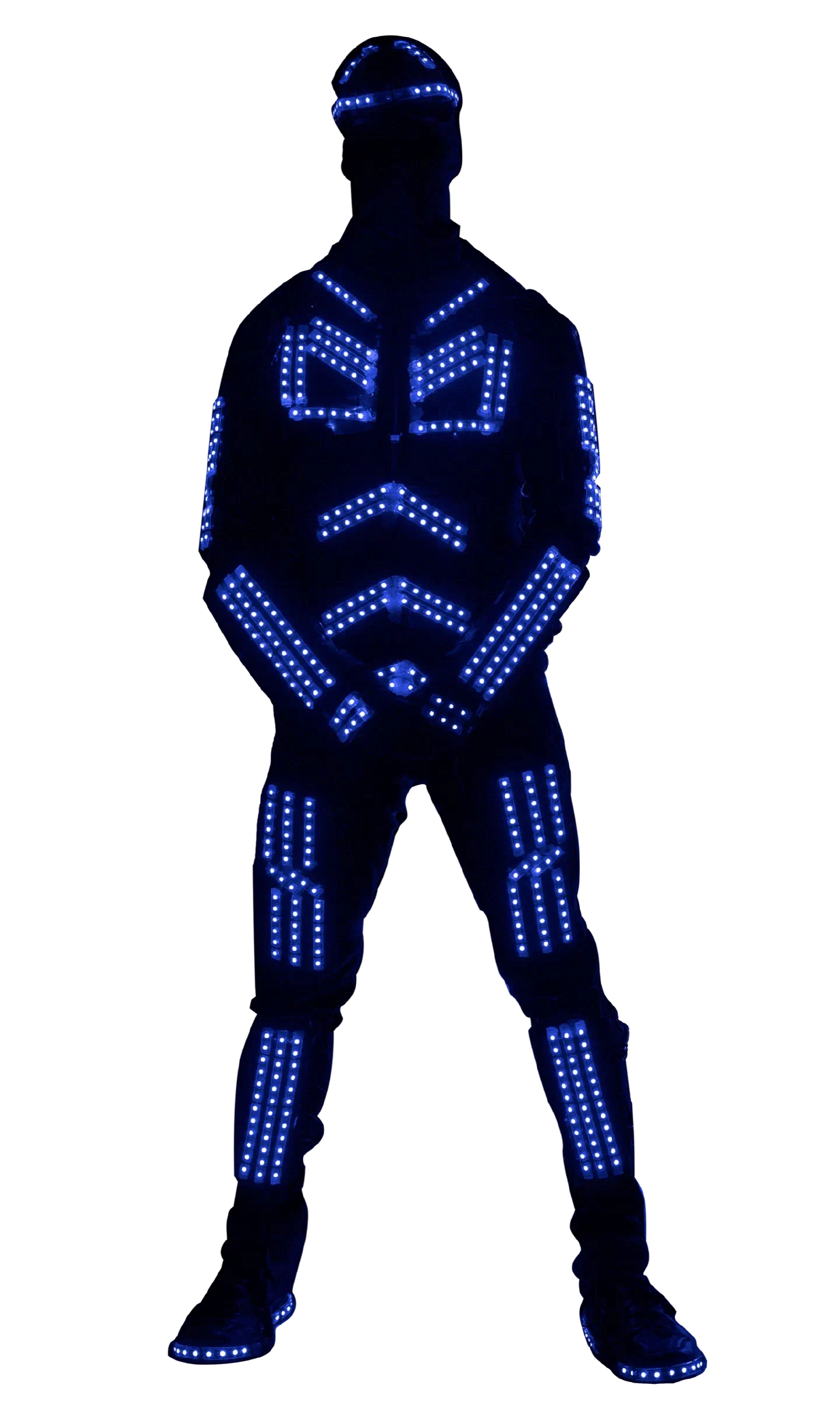 Kostým Tron Dance – tanečník v tmavom kostýme s modrými LED segmentmi na hlave, hrudi, rukách, nohách a topánkach