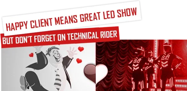 Happy client means great LED show – but don’t forget on technical rider – a cheerful cartoon businessman with red hearts next to LED dancers in glowing suits on a red stage