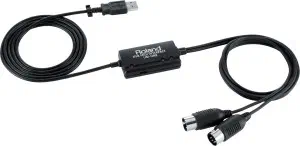 Roland USB MIDI interface – a black cable with a USB plug, a small interface box and two round MIDI connectors