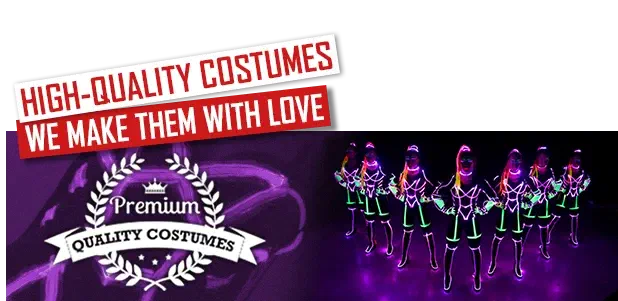 High-quality costumes – we make them with love – red banners above a “Premium quality costumes” laurel badge and a line of Tron Girls in glowing LED suits on a purple-tinted stage