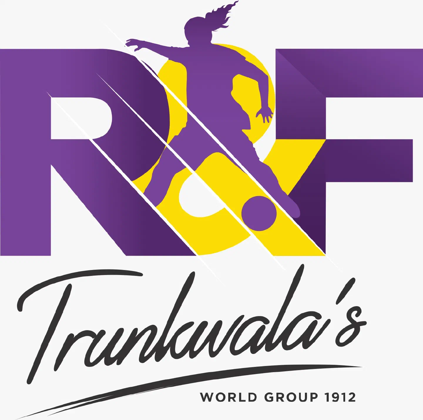 Ronaldinho & Friends logo – big purple R&F letters with a yellow ampersand and a footballer silhouette, with Trunkwala’s World Group 1912 written below