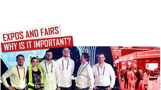 Expos and fairs – Why is it important? – red and white banners above our team in white shirts with name badges and a dancer with neon yellow braids at an expo stand, next to a busy LED expo hall tinted red