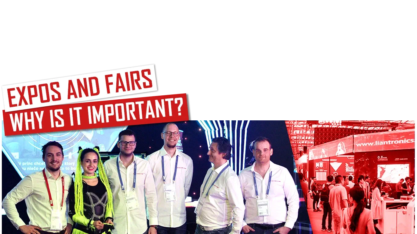 Expos and fairs – Why is it important? – red and white banners above our team in white shirts with name badges and a dancer with neon yellow braids at our expo stand, next to a busy LED expo hall tinted red