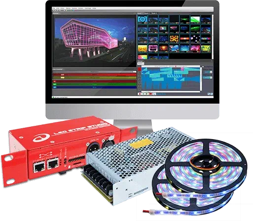 LED Strip Studio software on a computer monitor above a red LED Strip Studio DMX controller, a power supply and two reels of glowing RGB LED strip