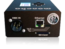 The black Moncha.box laser controller seen from the back, with its DMX In and Ethernet sockets and SD card slot