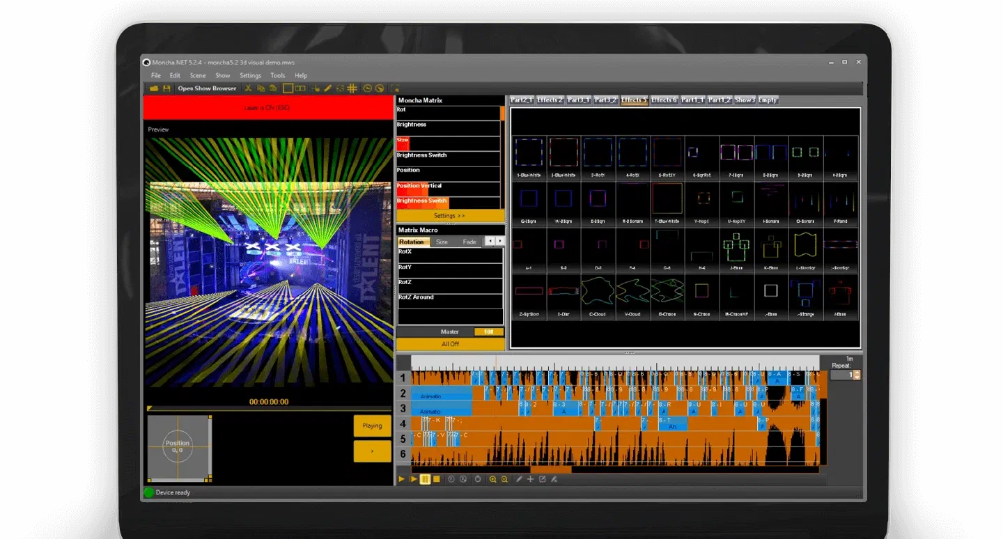 Moncha.NET laser show software on a laptop screen – a preview of green and yellow laser beams over a Got Talent stage, a grid of laser effects and a timeline