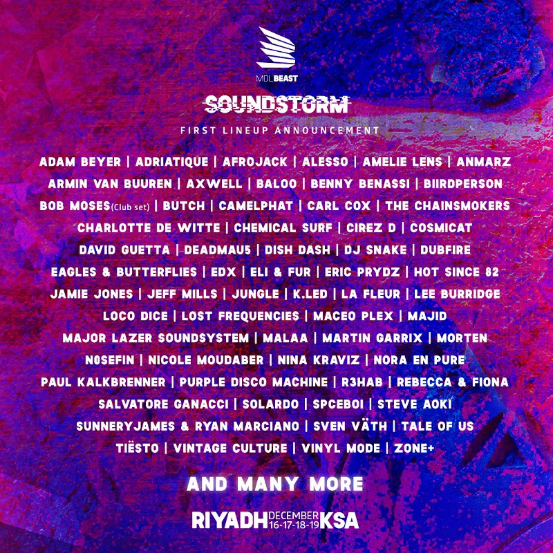 Soundstorm by MDLBEAST, first lineup announcement – a list of DJ names such as Afrojack, Armin van Buuren, David Guetta and Tiësto in white letters on a pink and purple background, Riyadh, December 16–19, KSA