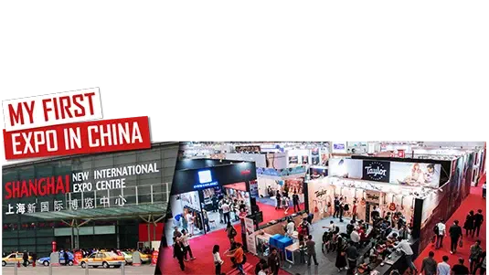 My first expo in China – red labels above the entrance of the Shanghai New International Expo Centre and a busy exhibition hall with stands and visitors seen from above