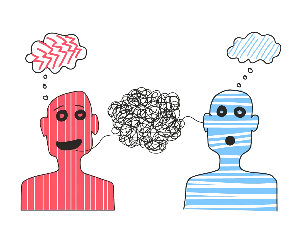 Cartoon of two people talking – a tangle of black lines between them and different thought bubbles above their heads, a picture of the language barrier