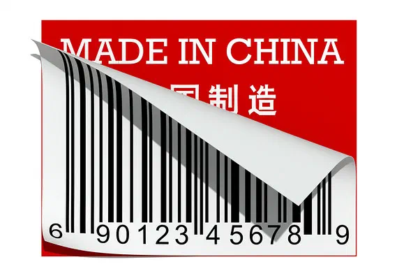 Red “Made in China” label with Chinese characters, half covered by a peeling barcode sticker