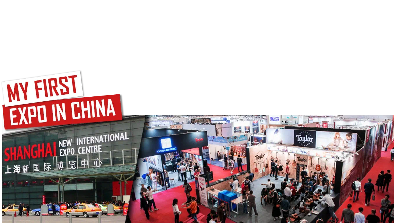 My first expo in China – red labels above the entrance of the Shanghai New International Expo Centre and a busy exhibition hall with stands and visitors seen from above