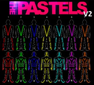 Suit order test scene for The Pastels V2 – seven numbered LED suit outlines, front and back, each lit in a different colour