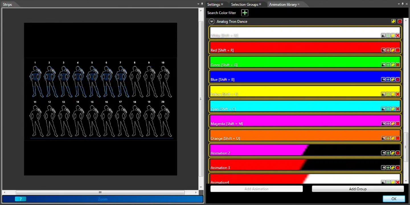 Animation library of LED Strip Studio – the color effects White, Red, Green, Blue, Yellow, Cyan, Magenta and Orange with their Shift key shortcuts, next to the Strips view of 20 dancer outlines