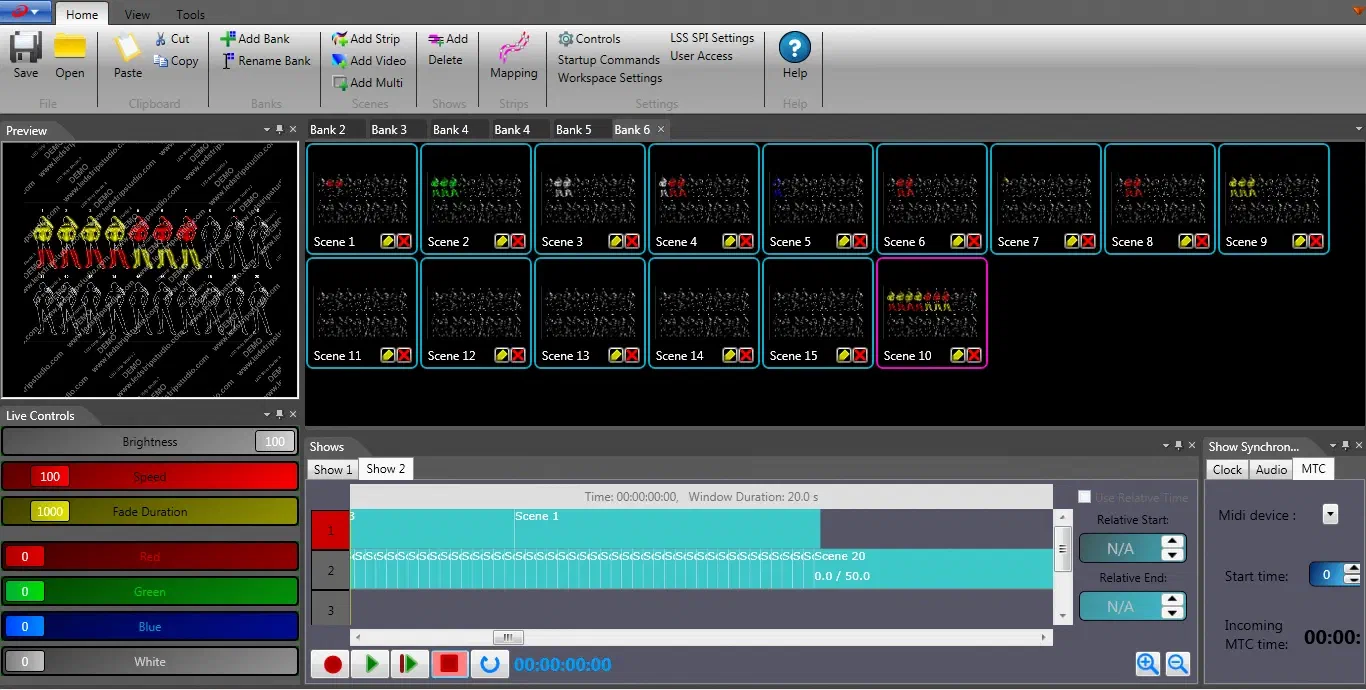LED Strip Studio workspace – Bank 6 with fifteen scenes, the Preview of the dancer outlines lit in yellow and red, the Live Controls sliders and the Shows timeline