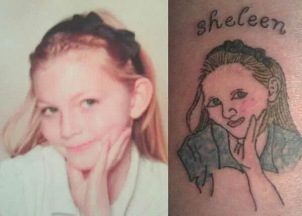 A school portrait of a smiling girl next to a crudely drawn tattoo copy of the same portrait