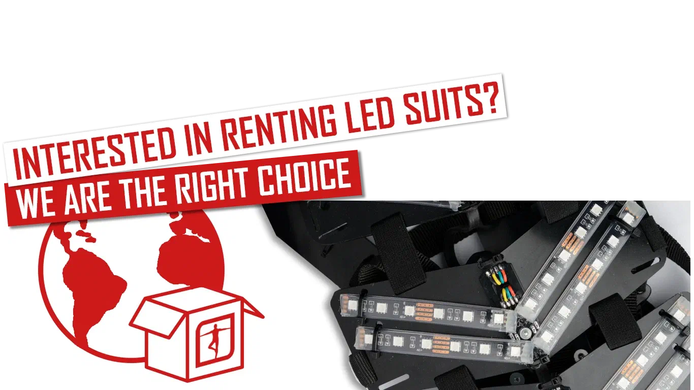 Interested in renting LED suits? We are the right choice – red and white banners above a red globe with an open box, next to black LED suit parts with RGB LED strips