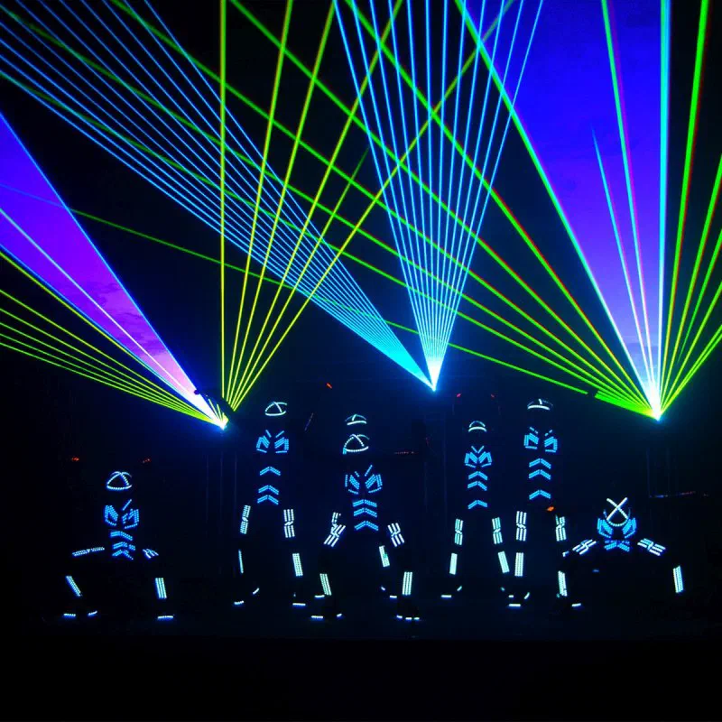 Seven dancers in blue LED suits posing on a dark stage under fans of green, blue and violet laser beams