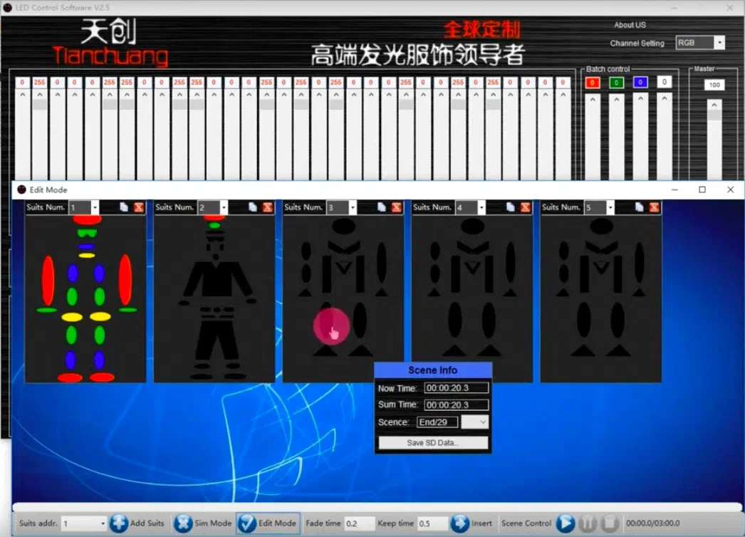Screenshot of the Chinese LED Control Software in Edit Mode – five LED suit outlines, the first with coloured body parts, and a Scene Info box with the exact time, with channel sliders behind