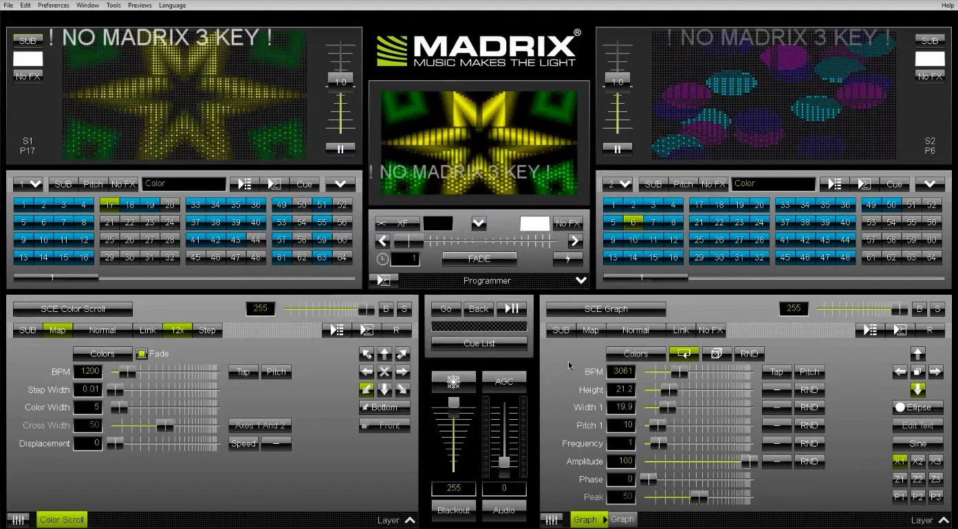 Screenshot of the Madrix LED software – two effect decks with pixel previews, a master preview with the Madrix logo in the middle and rows of effect buttons, colour and speed controls
