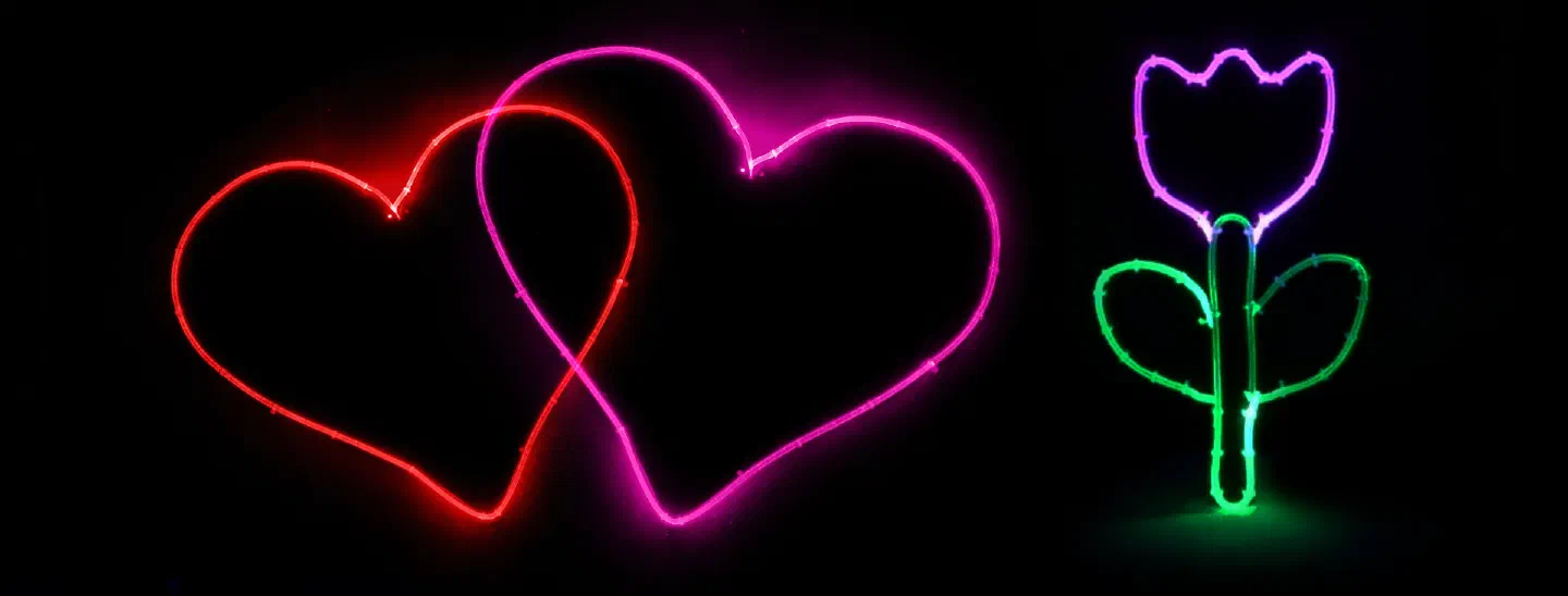 LED objects glowing in the dark – two intertwined hearts, one red and one pink, and a tulip with a purple flower and a green stem and leaves