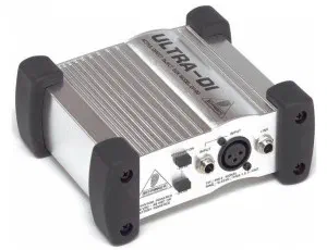 Silver direct box (DI box) with black rubber corners, an XLR socket and jack inputs on the front panel