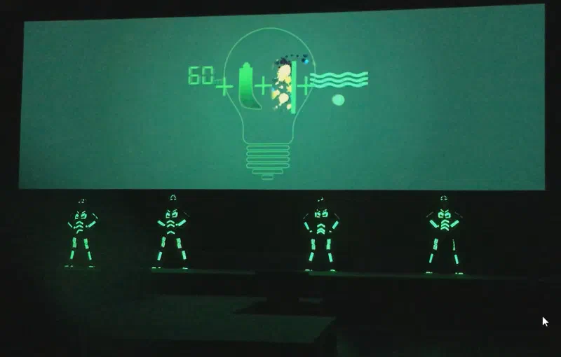 Four Tron dancers in glowing green LED suits on a dark stage below a large green projection of a light bulb with product feature icons