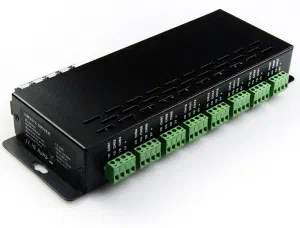 Standard LED strip DMX driver – a long black metal case with eight rows of green screw terminals