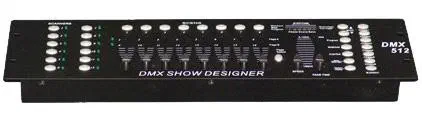 Small black DMX 512 lighting console (DMX Show Designer) with eight faders and rows of scanner and scene buttons