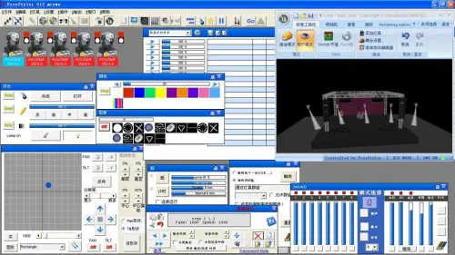 Freestyler DMX software on screen – fixture buttons, colour and gobo pickers, faders and a 3D stage preview window
