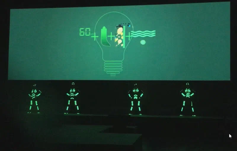 Four Tron dancers in glowing green LED suits on a dark stage below a large rear projection of a green light bulb with product feature icons