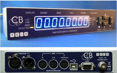TC-5 timecode display-converter – the front panel with its blue timecode display and the back panel with timecode XLR, MIDI and USB connectors