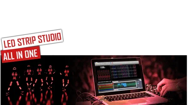 LED Strip Studio – All in one – white and red banners above Tron dancers in glowing red LED suits and a laptop running LED Strip Studio next to a DJ controller