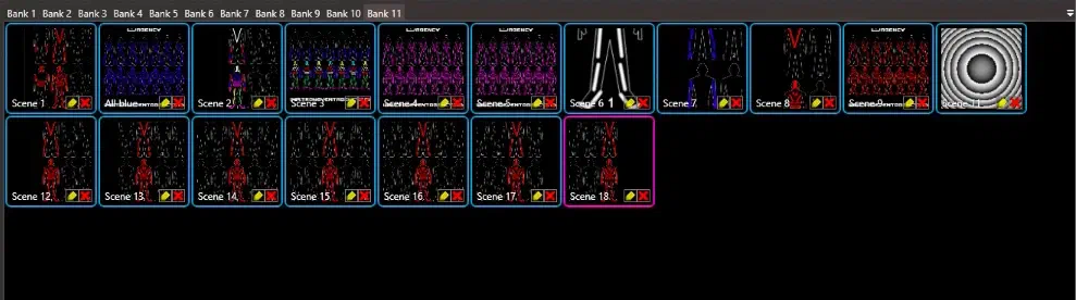 Effect library of LED Strip Studio – tabs Bank 1 to Bank 11 above two rows of scene tiles (from Scene 1 and All blue to Scene 18), each with a small preview of the dancers glowing red, blue, purple or white