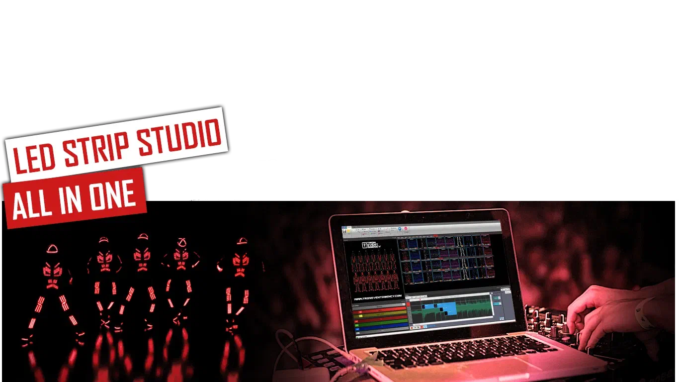 LED Strip Studio – All in one – white and red banners above Tron dancers in glowing red LED suits and a laptop running LED Strip Studio next to a DJ controller in a dark, red-lit club