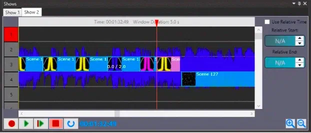 Shows panel of LED Strip Studio – the timeline with scenes on tracks 3 and 4 over the music waveform, the red playhead at 00:01:32:49 and the play controls below