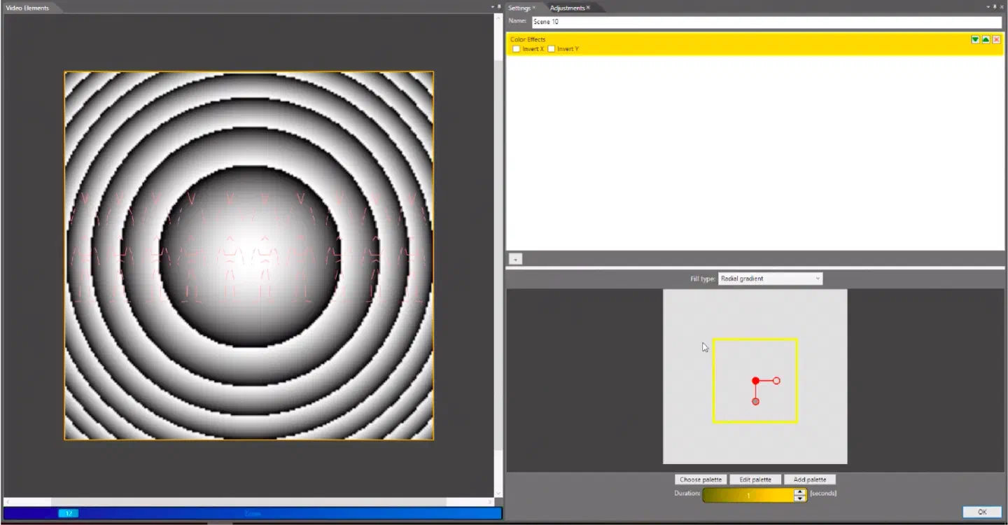 Video Elements window of LED Strip Studio – black and white rings of a radial gradient over the outlines of the dancers, next to the Color Effects settings with the Edit palette button