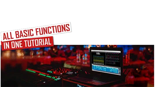 All basic functions in one tutorial – red banners above a laptop running LED Strip Studio next to a lighting console in a dark, red-lit event hall