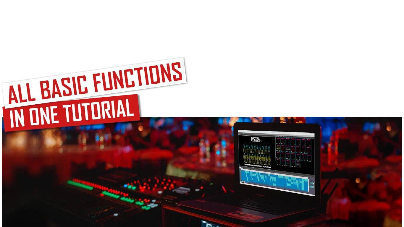 All basic functions in one tutorial – red banners above a laptop running LED Strip Studio next to a lighting console in a dark, red-lit event hall