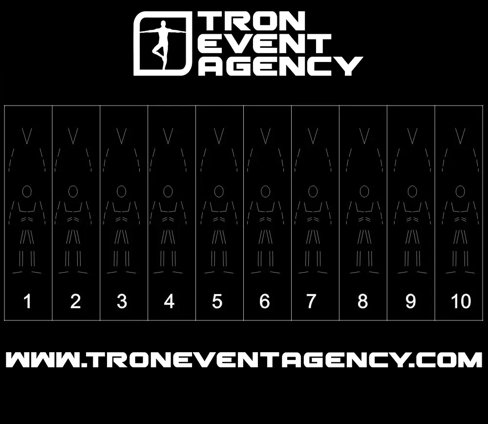 Background picture for the LED Strip Studio workspace – the Tron Event Agency logo above white outlines of ten LED suits numbered 1 to 10 on black