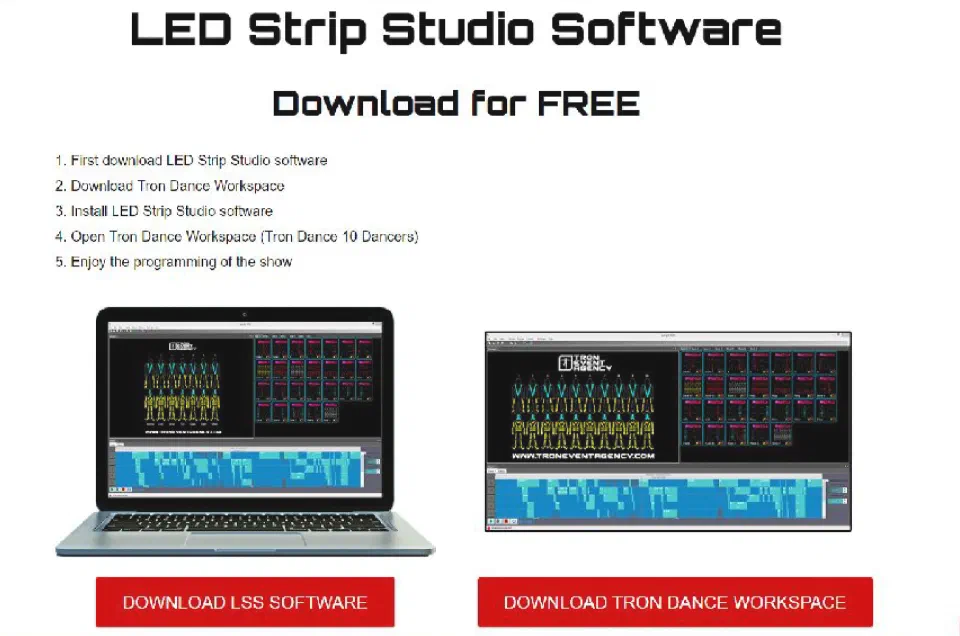 LED Strip Studio Software – Download for FREE – five steps from downloading LED Strip Studio to programming the show, a laptop and a screenshot of the Tron Dance workspace, and two red download buttons