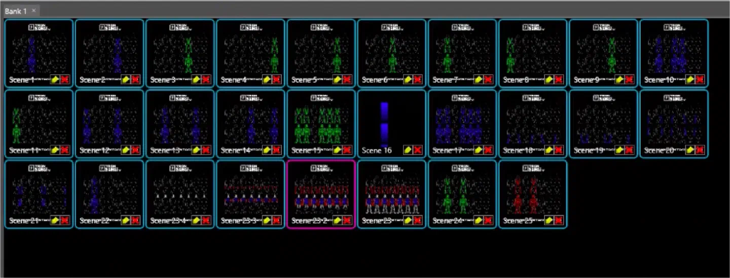 Bank 1 in LED Strip Studio – a grid of scene tiles from Scene 1 to Scene 25, each with a small preview of the dancers glowing blue, green, red or white