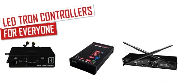 LED Tron Controllers for everyone – red banner above three black controllers: a Tron Event Agency receiver, a controller with red buttons and a rack unit with two antennas