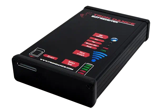 Tron Dance suit receiver – a small black box with an SD card slot, DMX address, test, pair and wireless DMX ready lights, a signal strength sign and a battery level indicator