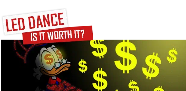 LED dance – is it worth it? – a cartoon duck outlined in red LED lights with dollar signs in its eyes, surrounded by glowing yellow dollar signs