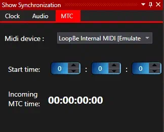 Okno Show Synchronization v LED Strip Studio s otvorenou kartou MTC – MIDI zariadenie, čas začiatku a prichádzajúci čas MTC