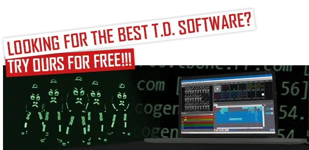 Looking for the best T.D. software? Try ours for free!!! – red banners above Tron dancers in green LED suits and a laptop running LED Strip Studio