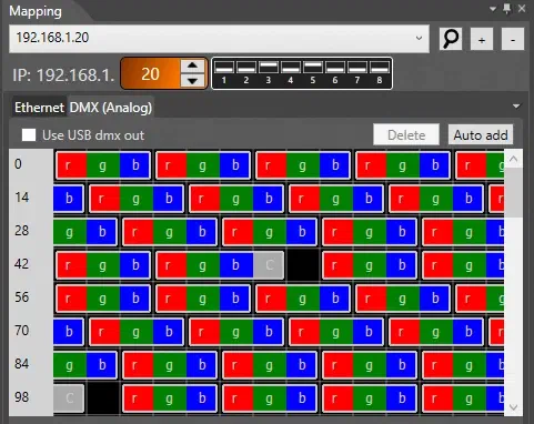 Mapping panel of LED Strip Studio – the IP address 192.168.1.20 selected and the DMX (Analog) tab open with rows of red, green and blue channels